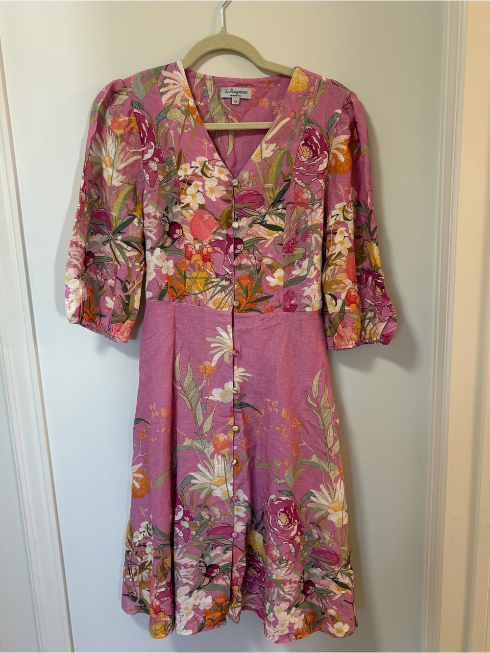 Le Ragazze Linen Blend Longsleeve Button Dress Pink Medium Wedding Guest Garden